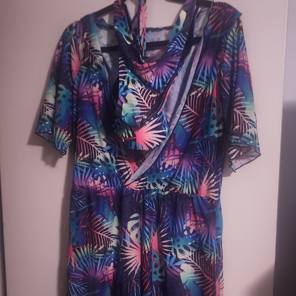 3pcs Tropical Plant Print Halter Tie Bikini Set, Cinched Waist Cover Up